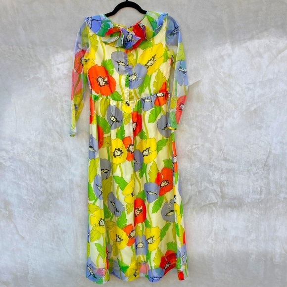 Vintage Neiman Marcus women’s large poppy print chiffon ruffle dress size SM/MED - Picture 5 of 8